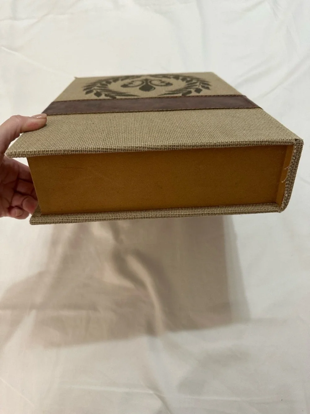 PARIS FAUX BOOK STORAGE BOX LINEN FLEUR DE LIS HIDDEN COMPARTMENT TABLE DECOR